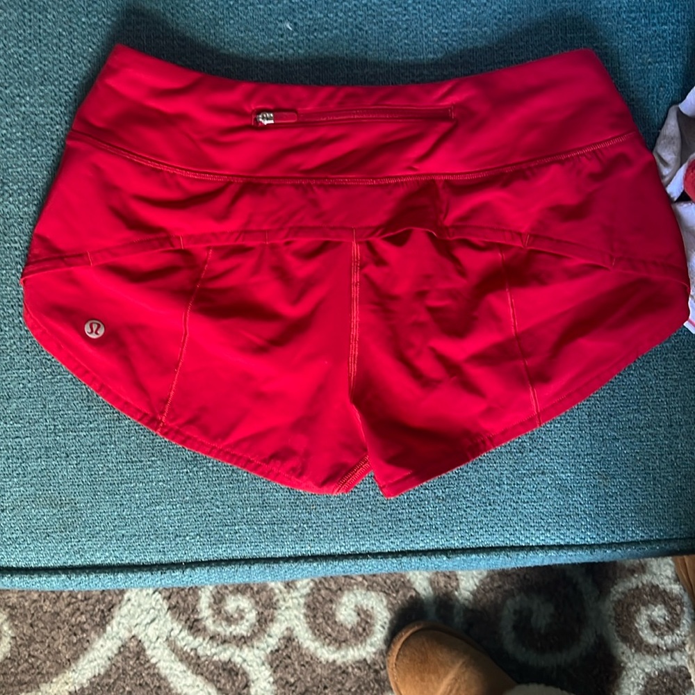 Lululemon, red running shorts, low waisted